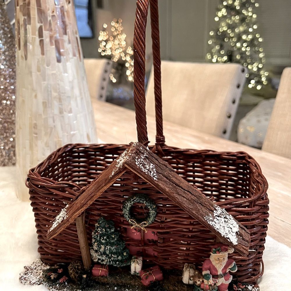 Vintage Wicker Basket Decorative Christmas Scene 5.5"x 3" With handle 8" tall